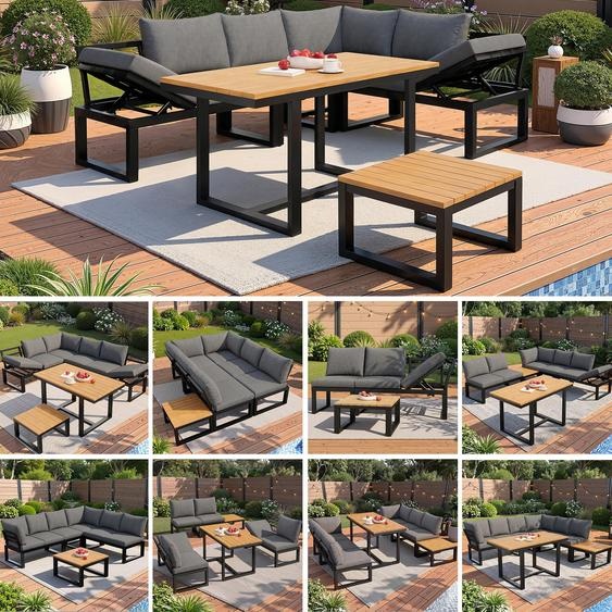 Ensemble de salon de jardin 6 pièces – canapé dangle avec dossier réglable, table et table basse, structure en acier résistante aux intempéries, coussins dassise, pour balcon et terrasse, gris