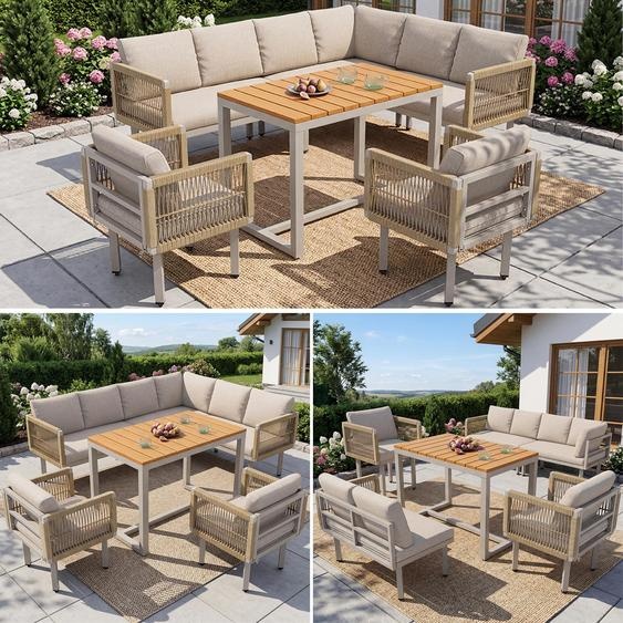 Ensemble de salon de jardin 6 pièces comprenant un canapé dangle, 2 fauteuils et une table, structure en acier résistante aux intempéries, tressage en corde, coussins dassise, pour balcon, terrasse ou jardin, gris/beige