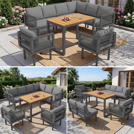 Ensemble de salon de jardin 6 pièces comprenant un canapé dangle, 2 fauteuils et une table, structure en acier résistante aux intempéries, tressage en corde, coussins dassise, pour balcon, terrasse ou jardin, gris/beige