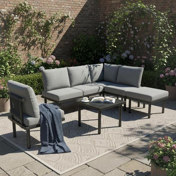 Ensemble de salon de jardin 6 pièces – tressage en corde avec structure en fer galvanisé, pieds réglables, plateau en verre lisse, avec tous les coussins dassise et de dossier, gris