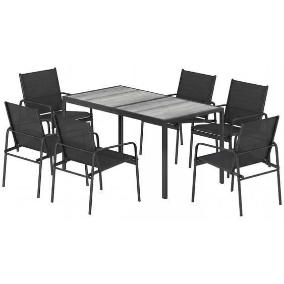 Ensemble de salon de jardin comprenant 6 chaises en mesh, ensemble de mobilier de jardin 7 pièces, table imitation bois avec structure en acier, couleur noire | résistant aux intempéries | 26 kg | 150 x 80 x 74 cm