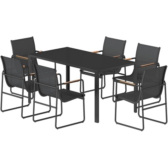 Ensemble de salon de jardin comprenant une table en verre et 6 chaises, ensemble de mobilier de jardin 7 pièces, structure en acier avec revêtement en tissu résistant, couleur noire. Résistant aux intempéries. Poids maximal supporté : 26 kg. Dimensions :