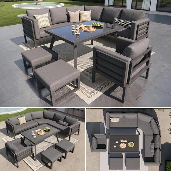 Ensemble de salon de jardin en forme de croissant pour 8 personnes – structure robuste en fer, coussins gris, avec table en verre, 1 fauteuil et 2 tabourets, résistant aux intempéries, gris