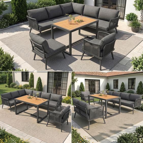 Ensemble de salon de jardin en L pour 7 personnes – Mobilier de terrasse en fer, avec table basse et fauteuil en bois, accoudoirs tressés, coussins et coussins dassise, gris/beige