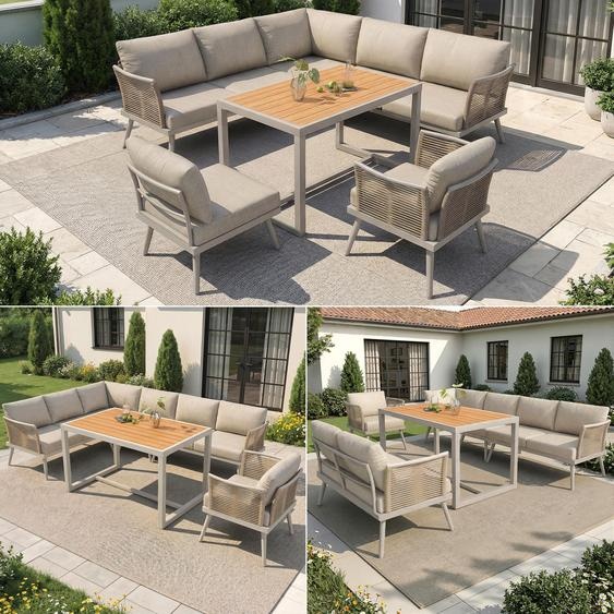 Ensemble de salon de jardin en L pour 7 personnes – Mobilier de terrasse en fer, avec table basse et fauteuil en bois, accoudoirs tressés, coussins et coussins dassise, gris/beige