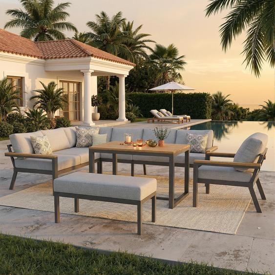 Ensemble de salon de jardin en L pour 8 personnes – Mobilier de terrasse en fer, avec table en bois, banc et fauteuil, ensemble dangle résistant aux intempéries, coussins gris, gris
