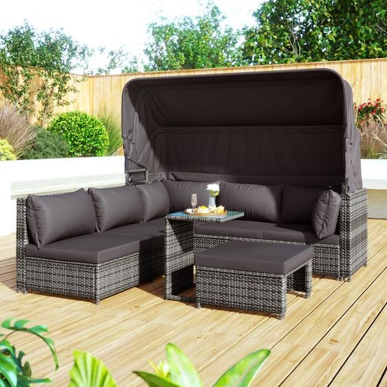 Ensemble de salon de jardin en rotin avec auvent, canapé, pouf, fauteuils et table, ensemble de salon dextérieur gris pour balcon et jardin