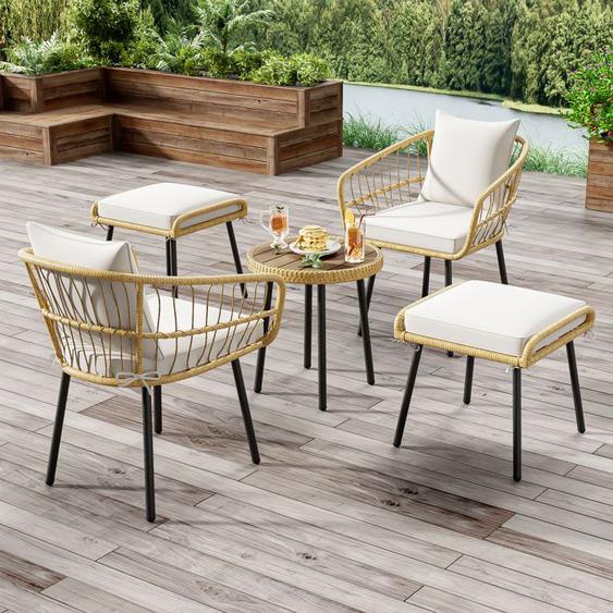 Ensemble de salon de jardin en rotin de 5 pièces - REDOM - Composé dune table à manger, de 2 chaises, de 2 tabourets