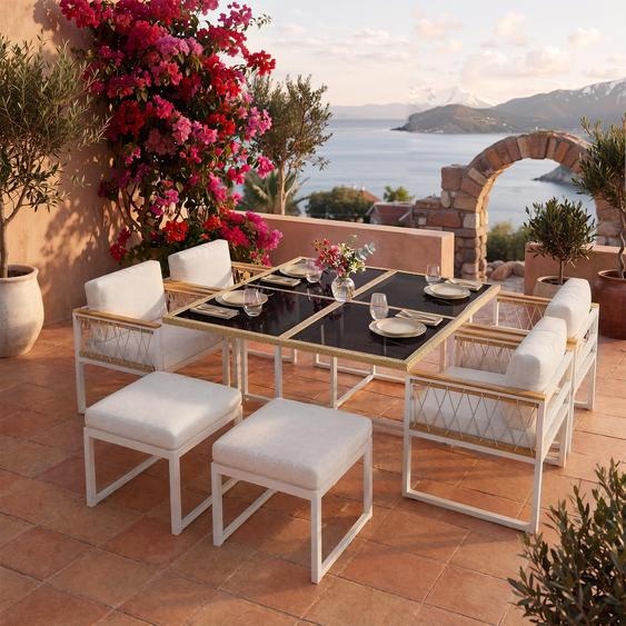 Ensemble de salon de jardin en rotin Flieks 6 places, ensemble de meubles de jardin, ensemble de meubles de balcon 7 pièces, meubles de terrasse, chaise de jardin avec tabouret et table de jardin, blanc