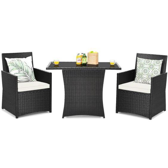 Ensemble 3 Pcs table et chaise de jardin COSTWAY en rotin PE anti-UV - salon de jardin avec coussin amovible