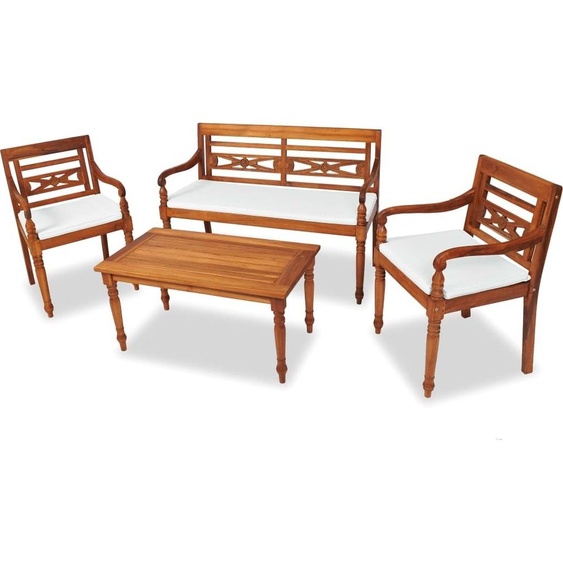 Ensemble de salon de jardin exclusif, 4 pièces, avec coussins, en bois massif teck