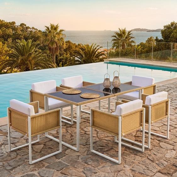Ensemble de salon de jardin Flieks, ensemble de mobilier de jardin pour 6 personnes, mobilier de terrasse et de balcon en rotin, 7 pièces, table de jardin avec plateau en verre, ensemble de jardin blanc