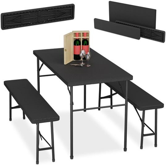 Ensemble de salon de jardin pliable Relaxdays, ensemble de 3 pièces comprenant un banc de brasserie et une grande table, pour le jardin ou les fêtes, aspect rotin, noir