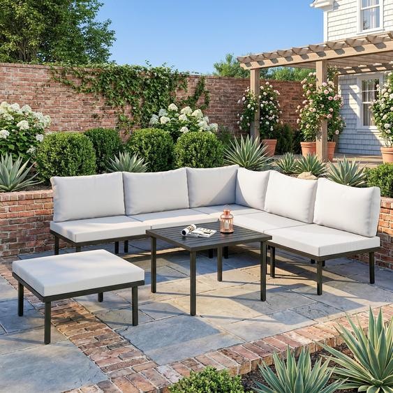 Ensemble de salon de jardin pour 5-6 personnes, salon de jardin, métal et polyester, gris clair | Canapé 2 places + 2 fauteuils + fauteuil dangle + table + repose-pieds | 234 x 176 cm