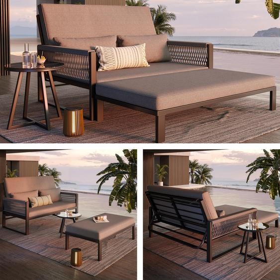 Ensemble de salon dextérieur composé dune chaise longue et dun canapé, avec accoudoirs en fer tressé, résistant aux intempéries, avec table basse en verre et coussins, idéal pour le jardin et la terrasse, gris