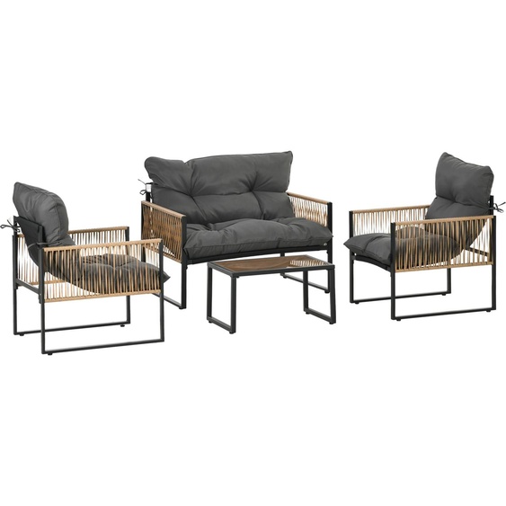 Ensemble de salon en polyrotin 4 pièces, 4 personnes, anthracite, résistant aux intempéries, table avec plateau en verre aspect bois, coussins épais