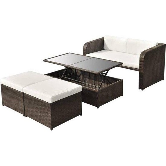 Ensemble de salon en polyrotin avec coussins marron, 4 pièces