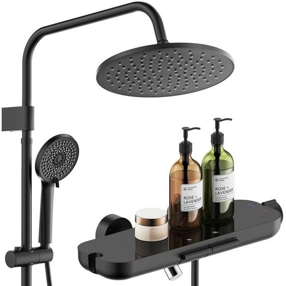 Ensemble de système de douche mural comprenant une robinetterie de baignoire, une étagère en verre et une finition noire