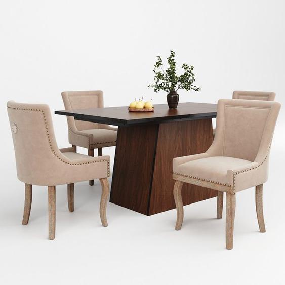 Ensemble De Table À Manger (5 Pièces), Chaise À Manger Avec Pieds En Bois Massif En Velours Beige, Table À Manger Motifs En Bois