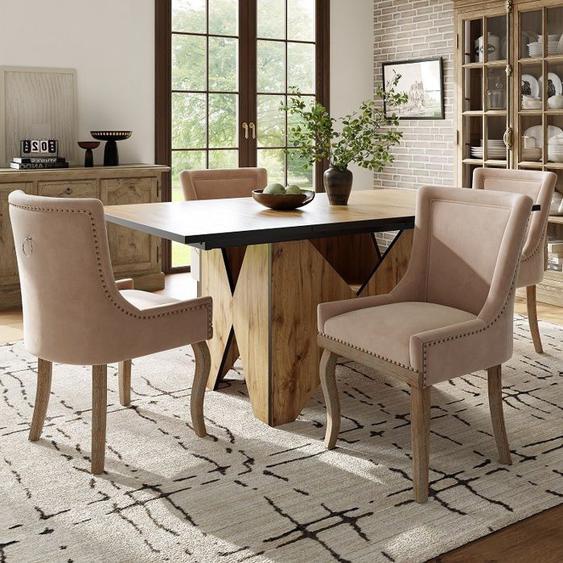 Ensemble De Table À Manger (5 Pièces), Chaise De Salle À Manger En Bois Massif Beige, Table À Manger Avec Motif De Grain De Bois