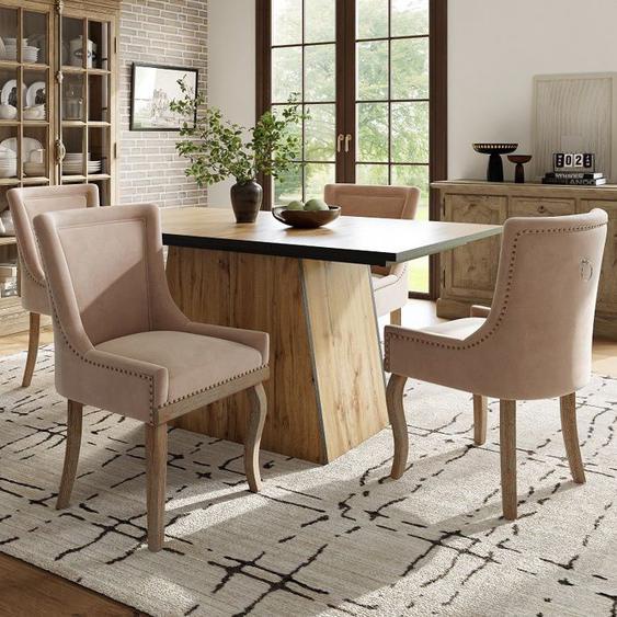 Ensemble De Table À Manger (5 Pièces),Chaise De Salle À Manger En  Bois Massif Velours Beige,Table À Manger Moderne À Motifs En