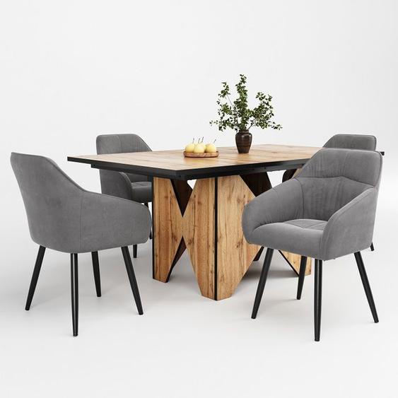 Ensemble De Table À Manger (5 Pièces), Chaise De Salle À Manger En Métal Velours Gris, Table À Manger Avec Motif De Grain De Bois