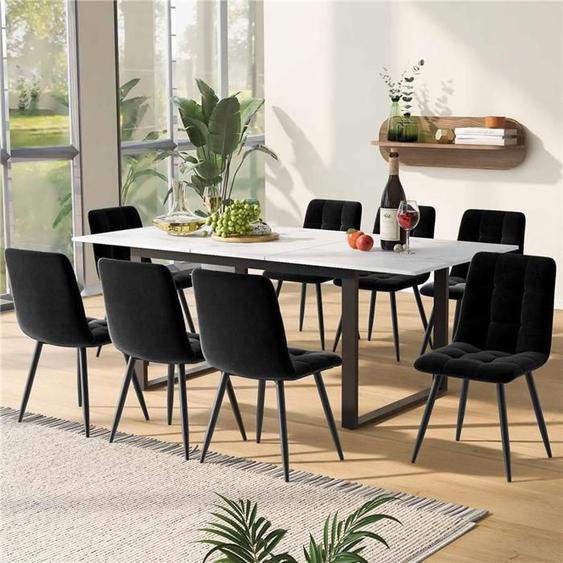 Ensemble De Table À Manger (9 Pièces), Avec 8 Chaises En Velours Noir, Plateau En MDF En Blanc, Pieds Noir, 140/180 × 80 × 75cm