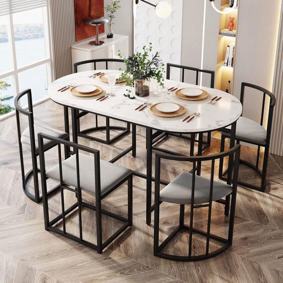Ensemble de Table à manger à 6 Chaises avec dossiers et rembourrage Gris, cadre en fer Noir,table et chaises -Blanc