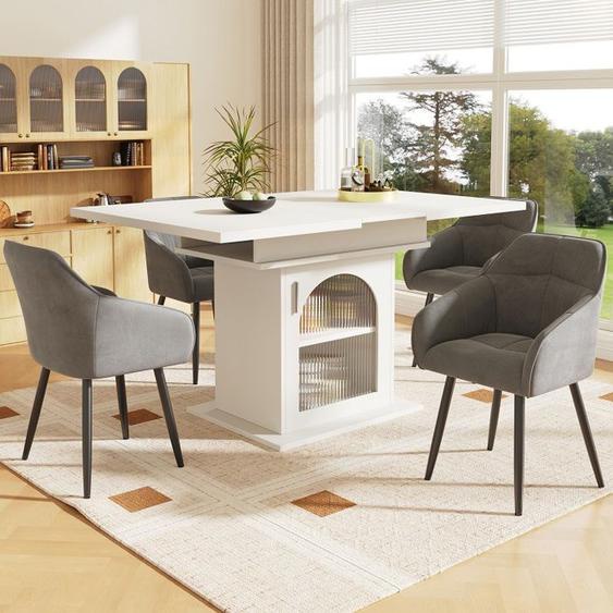 Ensemble De Table À Manger Extensible (5 Pièces), Avec 4 Chaises De Salle À Manger Velours Gris, 110-140*80cm, Table À Manger Blanc