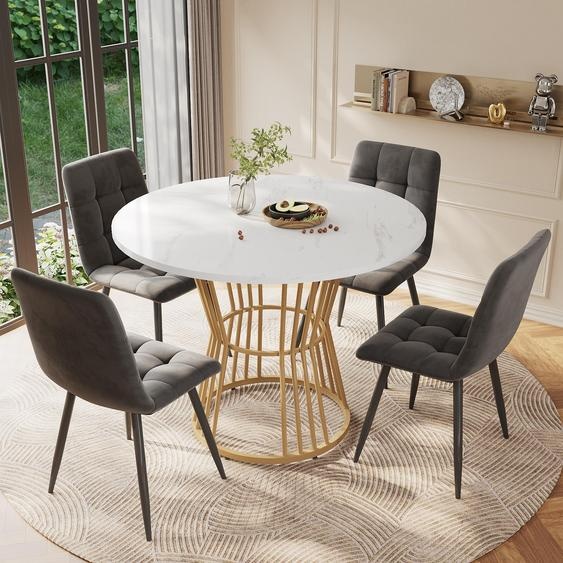 Ensemble de table à manger Fortuna Lai (5 pièces), ensemble de table à manger avec 4 chaises, ensemble de table de cuisine, table à manger ronde de 100 cm de diamètre avec pieds métalliques dorés, plateau en MDF blanc, chaises de salle à manger en velours