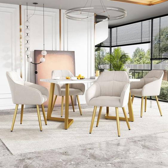 Ensemble de table à manger, table à manger 117×68×75cm, comprenant 4 chaises, plateau en MDF blanc, pieds dorés