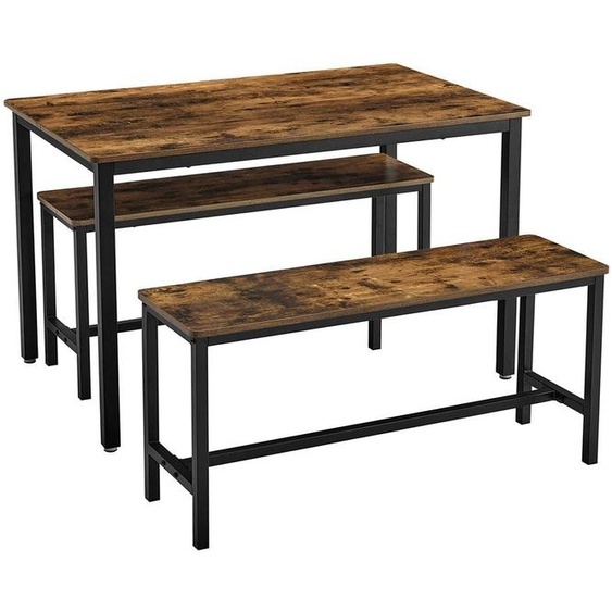 Ensemble de table à manger vintage, marron et noir – Contreplaqué et acier – Table avec bancs – 110 x 70 x 75 cm