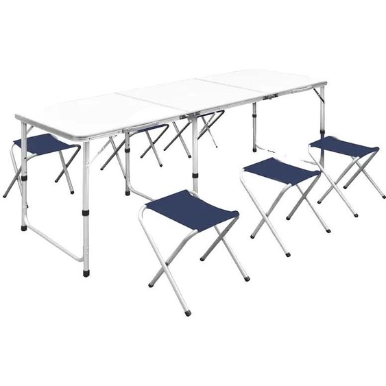 Ensemble de table de camping pliante, design portable, comprenant 6 tabourets, de couleur blanche