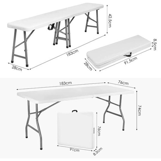 Ensemble de table de jardin – Table pliante avec 2 bancs – 183 x 28 x 42,5 cm – Fabriquée en plastique HDPE et avec une structure en acier – Capacité de charge : 500 kg – Idéale pour les fêtes de jardin, les pique-niques – Blanche