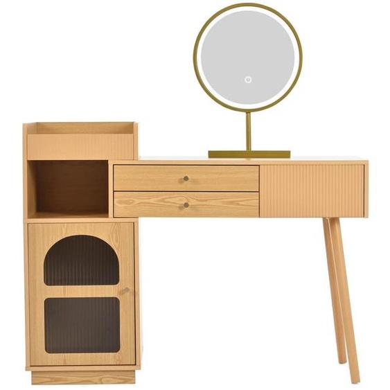 Ensemble de table de maquillage - Commode coiffeuse avec miroir LED - Éclairage à 3 couleurs - 120 x 90 x 40 cm - Bois - Couleur naturelle