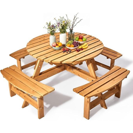 Ensemble de table de pique-nique VINLGI pour 8 personnes, ensemble de table en bois avec 4 bancs et trou pour parasol, ensemble de mobilier de jardin résistant aux intempéries, idéal pour terrasse, cour, jardin et véranda (forme ronde et couleur teck)