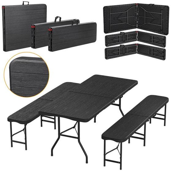 Ensemble de table et bancs de brasserie Izrielar, 3 pièces, table + 2 bancs, pliable, aspect bois noir – 180 x 74 x 74 cm – Ensemble de meubles de jardin Ensemble de table et bancs de brasserie
