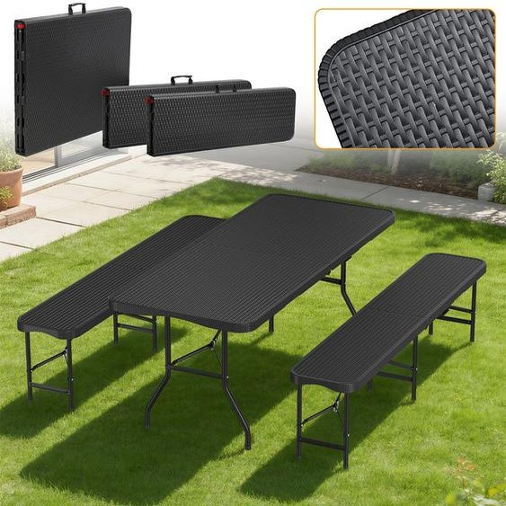Ensemble de table et bancs de brasserie Izrielar, 3 pièces, table + 2 bancs, pliable, aspect rotin noir – 180 x 74 x 74 cm – Ensemble de meubles de jardin Ensemble de table et bancs de brasserie Ensemble de sièges