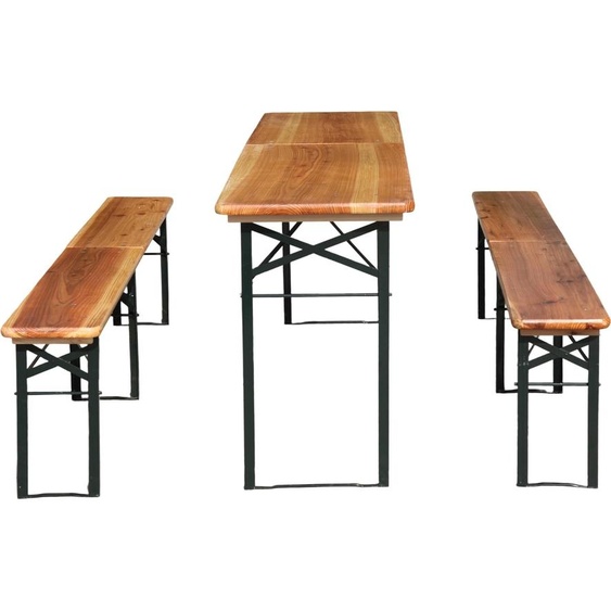 Ensemble de table et bancs de brasserie pliable, 220 cm, 3 pièces : 1 table pliante + 2 bancs de brasserie, en pin massif résistant aux intempéries, charge maximale de 200 kg, ensemble de table et bancs de brasserie pour jardin de fête