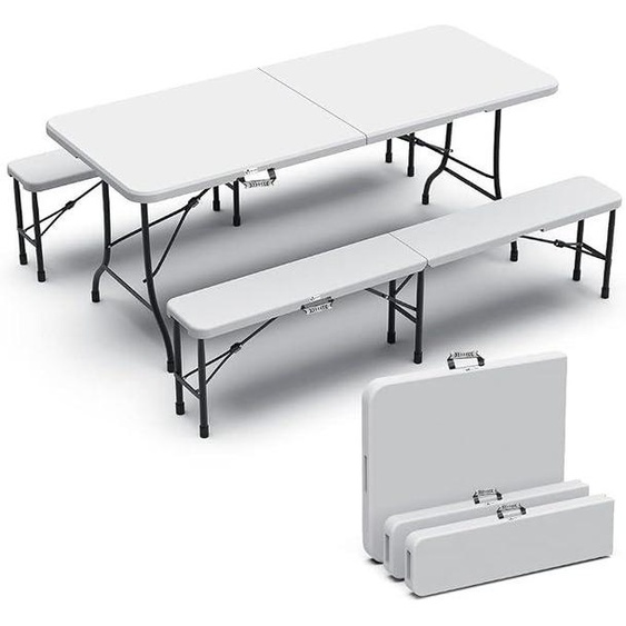 Ensemble de table et bancs de brasserie pliable, 3 pièces : 1 table et 2 bancs, ensemble de fête foraine 180 × 75 × 75 cm, ensemble de jardin et de camping, table pliante, blanc