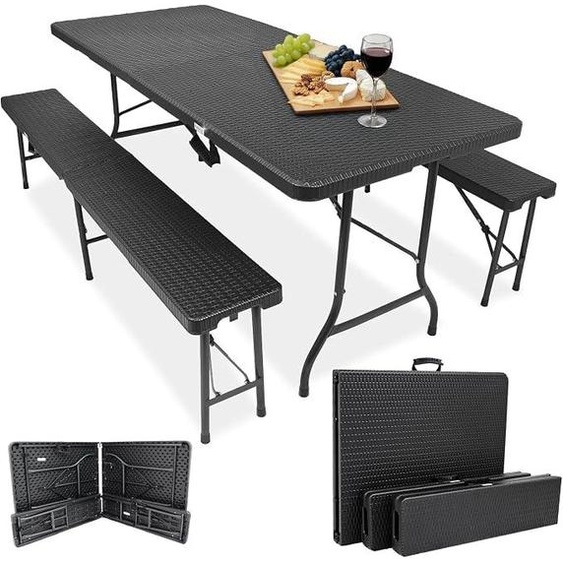 Ensemble de table et bancs pliables pour tente, 3 pièces – Table 180x74x72 cm + 2 bancs 180x25x43 cm – Table de camping, résistante aux intempéries et facile dentretien, antidérapante – avec poignées de transport – pour camping, jardin – aspect rotin
