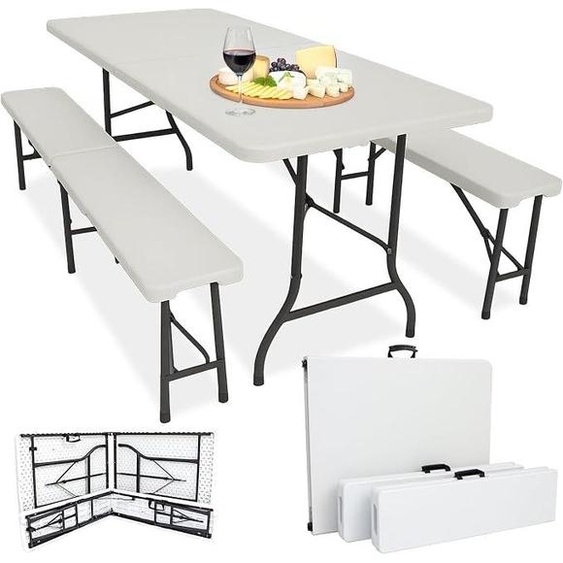 Ensemble de table et bancs pliables pour tente, 3 pièces – Table 180x74x72 cm + 2 bancs 180x25x43 cm – Table de camping, résistante aux intempéries et facile dentretien, antidérapante – avec poignées de transport – pour camping, jardin – Blanc