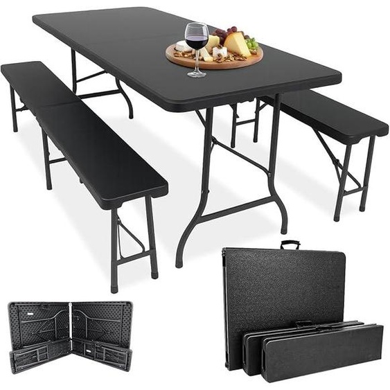 Ensemble de table et bancs pliables pour tente, 3 pièces – Table 180x74x72 cm + 2 bancs 180x25x43 cm – Table de camping, résistante aux intempéries et facile dentretien, antidérapante – avec poignées de transport – pour camping, jardin – couleur