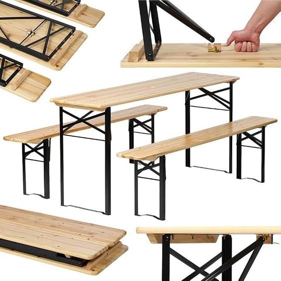Ensemble de table et chaises pliants pour tente de fête, 170 cm, avec support de parasol | Ensemble robuste en bois et métal, composé de 3 pièces | Idéal pour lintérieur et lextérieur | Place pour 8 personnes (marron)