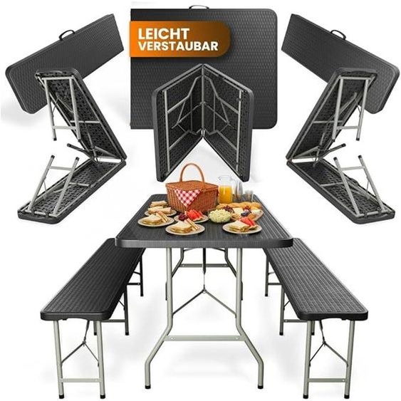 Ensemble de table et de bancs pliables pour tente de bière, 3 pièces – Ensemble de table et de bancs en plastique pour bière – Table et 2 bancs – Table de camping, ensemble pour tente de fête, aspect rotin, résistant aux intempéries, poignée de transport,