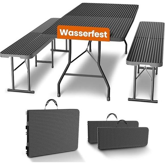 Ensemble de table et de deux bancs pliants en polyrotin pour tente de bière – Ensemble de table et de deux bancs en plastique avec poignées de transport, idéal pour tente de fête et jardin, ensemble de 3 pièces, résistant aux intempéries, noir, 180x75x75