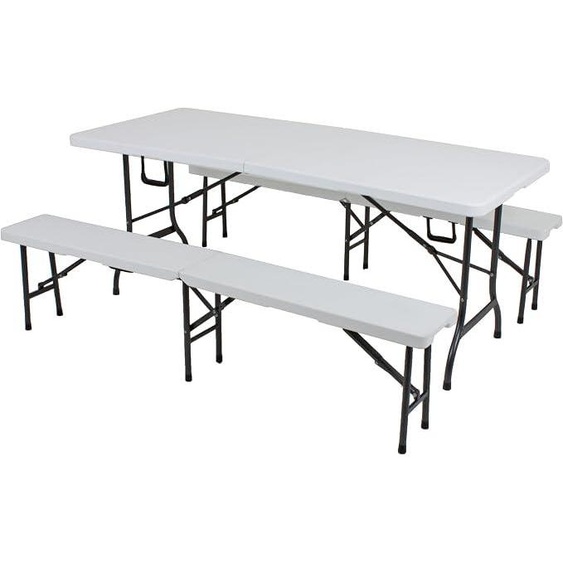Ensemble de table et de deux bancs Rita, 3 pièces, en plastique blanc. Idéal pour une tente de fête ou un usage extérieur. Table de buffet, ensemble de jardin, table pliante, banc pliable, table de jardin