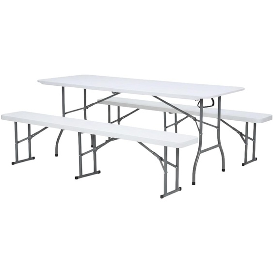 Ensemble de table pliante pour bière, comprenant une table et deux bancs en plastique