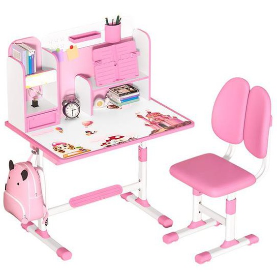 Ensemble de table pour enfants,Hauteur réglable, tiroir coulissant, crochets pour sac à dos, Rose
