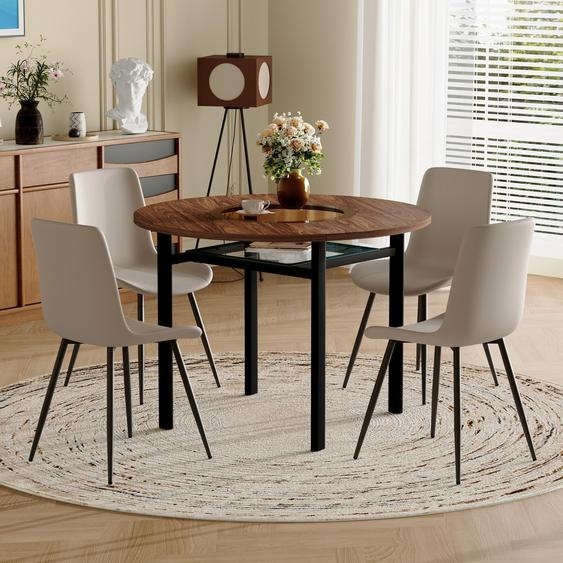 Ensemble de table ronde moderne et minimaliste (avec compartiment de rangement intégré et 4 fauteuils enPolyuréthanegris chaud), table ronde de 100 cm de diamètre aspect bois brun, idéale pour la salle à manger.